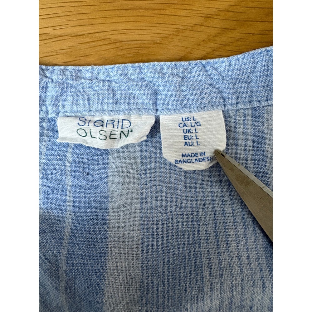 Sigrid Olsen Blue Striped Linen Blend V-Neck Blouse Short Sleeve Top Large - Picture 5 of 6